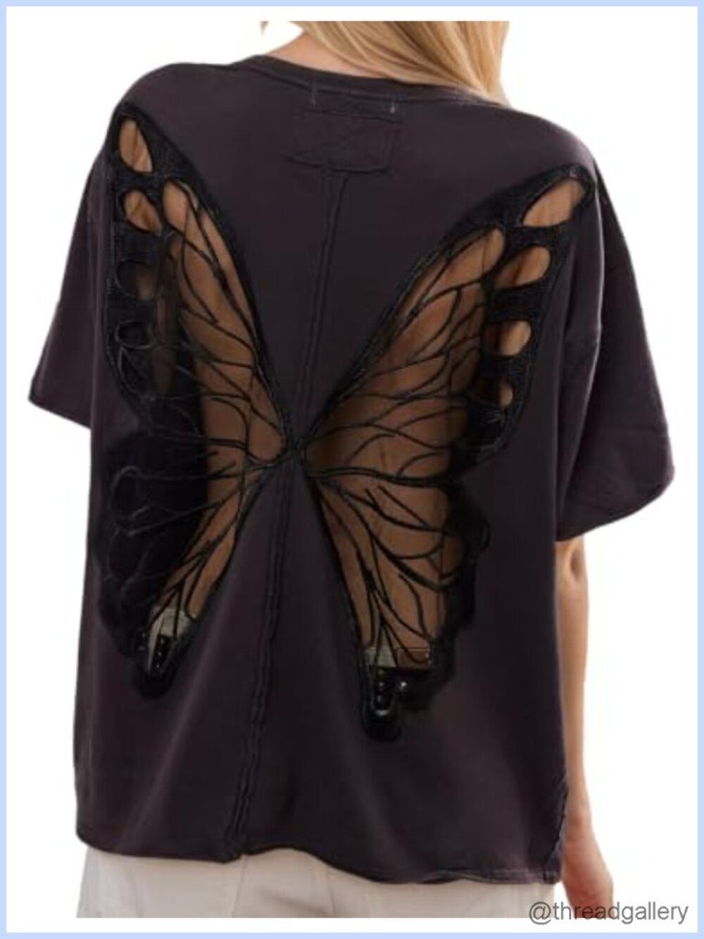 Sheer Butterfly Lace Short Sleeve Tee Oversized Gothic Top